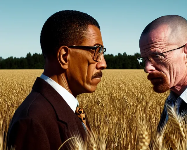 Image similar to walter white and gustavo fring stand facing each other from a distance in a wheat field, long shot, side view, 3 5 mm photograph, 8 k resolution, wide shot, sharp lens