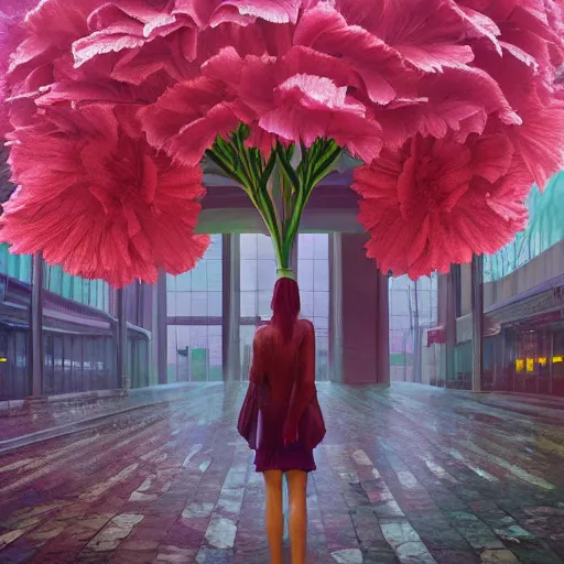 Image similar to giant carnation flower head, woman standing in metro station, surreal photography, dramatic light, impressionist painting, digital painting, artstation, simon stalenhag