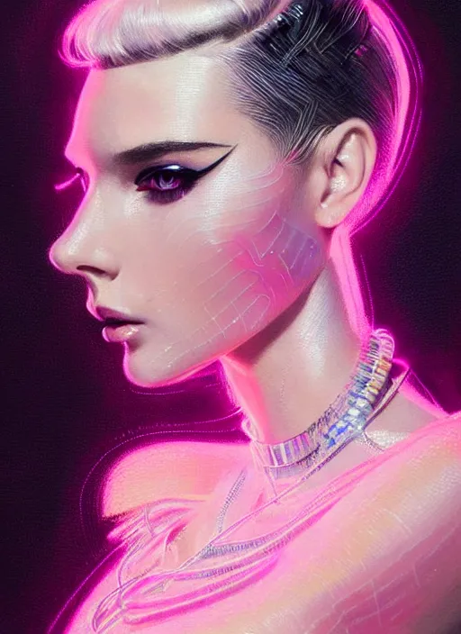 Image similar to photorealistic portrait of female humanoid, cyber neon lights, highly intricate, retro 6 0 s haute couture fashion, elegant, highly detailed, crispy quality, trending on artstation, trending on pinterest, glamor pose, no signature, no watermark, art by artgerm and greg rutkowski