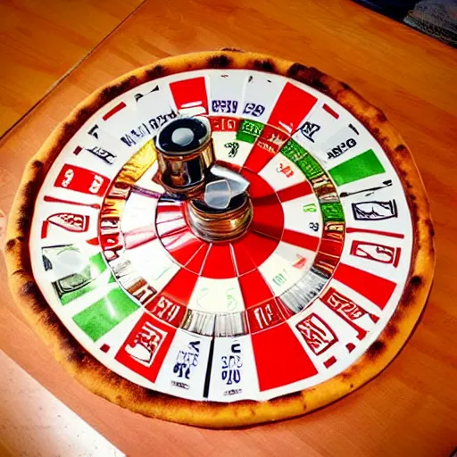 Prompt: roulette wheel made from pizza