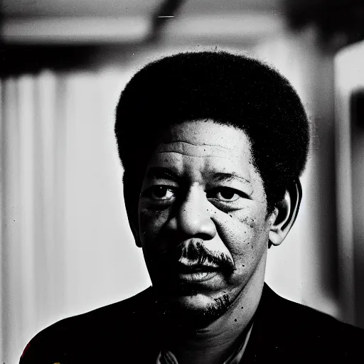 Prompt: a 1970s film still of Morgan Freeman dressed as a funk singer, 40mm lens, shallow depth of field, split lighting