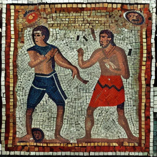 Image similar to an ancient roman mosaic of two teams playing ultimate frisbee