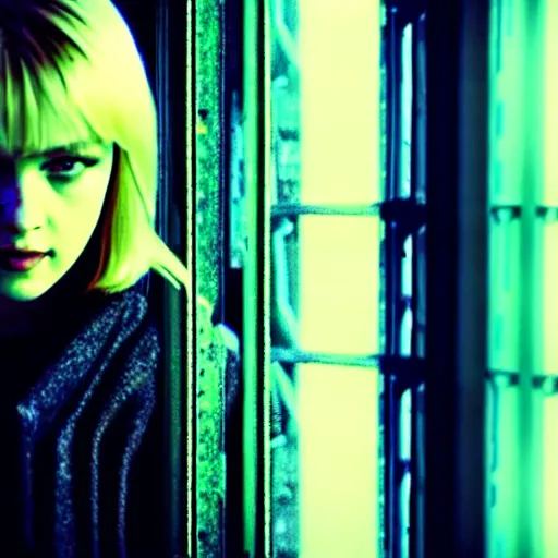 Image similar to worried, runaway beautiful replicant looking through the window in a dirty abandoned factory, short spiky blonde hair, cyberpunk outfit, still from closed circuit tv footage, high angle