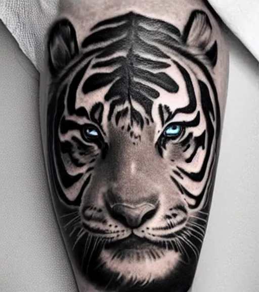 Image similar to tattoo design of a beautiful girl warrior under a tiger head, hyper realistic, realism tattoo, by eliot kohek, beautiful eyes, realistic face, black and white, white background