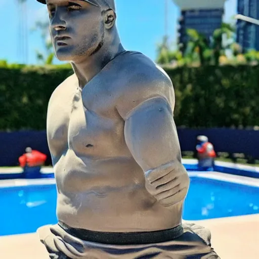 Image similar to “a realistic detailed photo of a guy who is named Mike Trout a baseball player, frozen like a statue, with shiny skin, by a pool, on display”