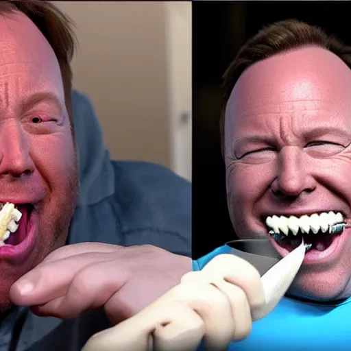 Prompt: alex jones pulling his own teeth out with a pair of pliers, 4k hyperrealistic