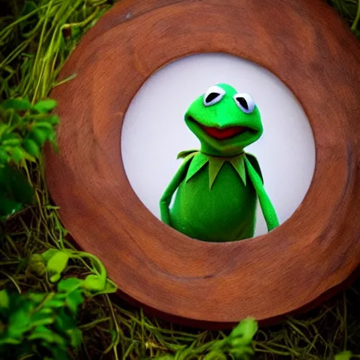 Image similar to very very very very cute baby Kermit the Frog, portrait, pixar style, forest background, cinematic lighting, award winning creature portrait photography