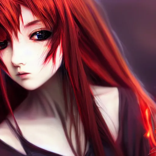 Image similar to advanced digital portrait painting photograph, a teenage anime girl wearing a dress made of fire , full body, very long black and red hair, eye color like magma , full round face, seductive stare, cinematic lighting, medium shot, MCU, highly detailed, trending on artstation, CSP, Photoshop, Stanley Artgerm Lau, WLOP, Rossdraws, James Jean, Andrei Riabovitchev, Marc Simonetti, and Sakimichan