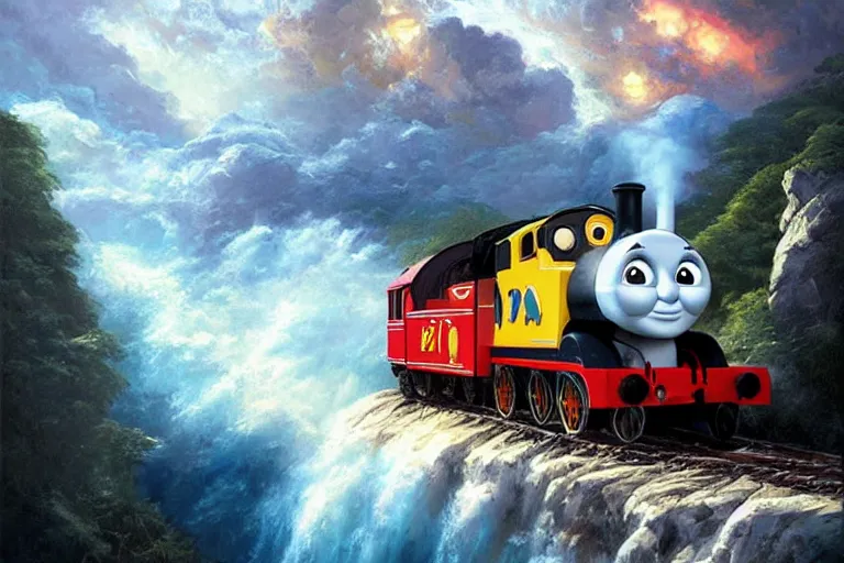 Image similar to thomas the tank engine ramping off a cliff because tracks ended, an oil painting by ross tran and thomas kincade