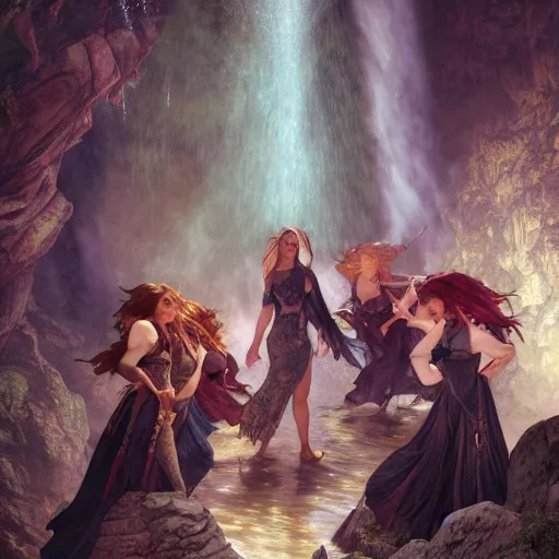 Prompt: an extremely detailed portrait of four polyamorous witches dancing in a cavern behind a waterfall, epic fantasy, viewed in profile from far away, sharp focus, detailed face, art by greg rutkowski and alphonse mucha, volumetric lighting, 4 k resolution, trending on artstation, masterpiece