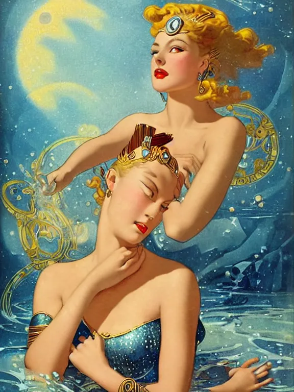 Prompt: princess kida the high queen of ancient atlantis, a beautiful art nouveau portrait by gil elvgren, beautiful underwater city environment, centered composition, defined features, golden ratio, silver jewelry, stars in her gazing eyes