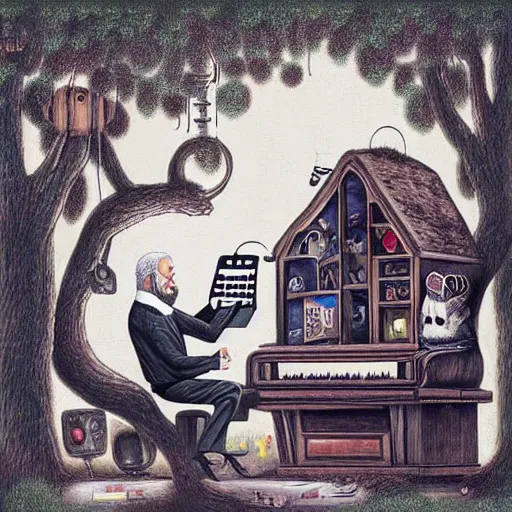 Image similar to old man white beard playing a synthesizer in a tree house, notes and clefs listening , lowbrow surrealistic, in the style of Mark Ryden,