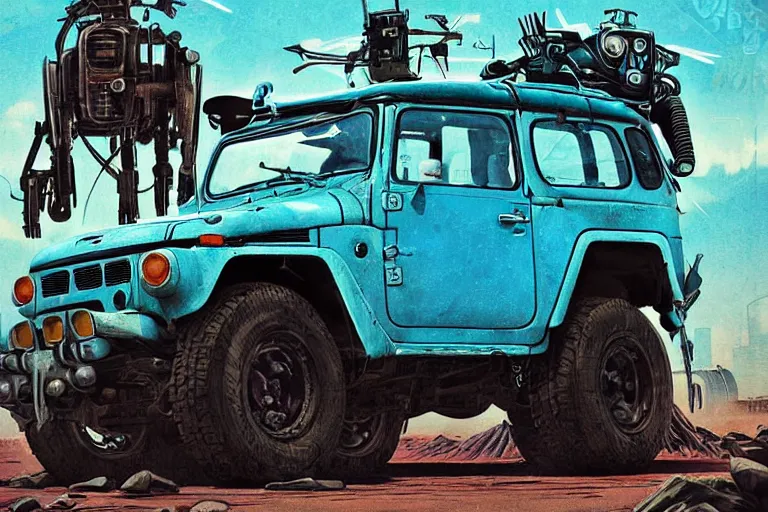 Image similar to digital illustration of a futuristic faded cyan mad max's fj 4 0 decrepit!!!! pursuit special, rusty!!! cyberpunk nissan fj cruiser heavily modded 1 9 9 0 s, the last v 8 interceptor by makoto shinkai, ilya kuvshinov, lois van baarle, rossdraws, basquiat