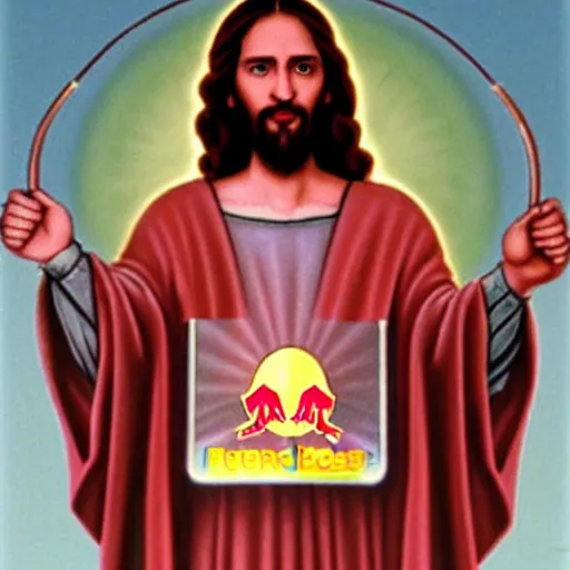 Prompt: jesus holding a can of Redbull