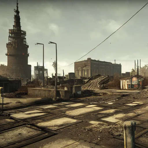 Image similar to copenhagen in ruins post - nuclear war in fallout 4, in game screenshot