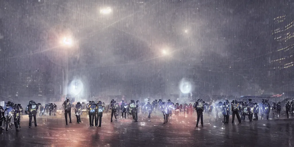 Image similar to policemen protect a huge spiral - shaped luminous object right in the center of the city from protesting people, night, rain and light fog, professional lighting, concept art in 3 d, high detail, professional lighting