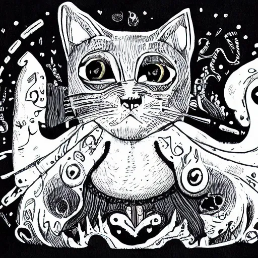 Prompt: lovecraftian cat, illustration, by brian boland, pen, ink and copic markers