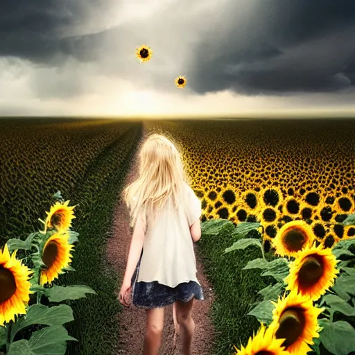 Prompt: a girl slowly walking through amazing tall sunflower field, hair flowing, early morning lightning, bad weather approaching, a storybook illustration by louise abbema, cgsociety, magical realism, reimagined by industrial light and magic, volumetric lighting, cinematic lighting