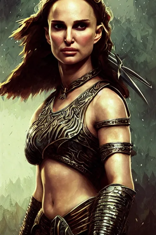 Image similar to natalie portman, legendary warrior, heroic, lord of the rings, tattoos, decorative ornaments, battle armor, by carl spitzweg, ismail inceoglu, vdragan bibin, hans thoma, greg rutkowski, alexandros pyromallis, perfect face, fine details, realistic shading photorealism