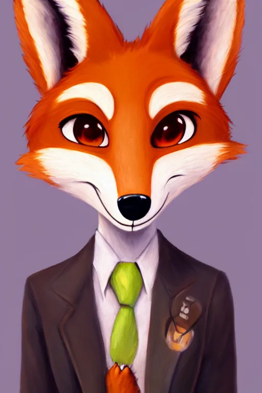 Image similar to oil painting of anthromorphic female fox, in style of zootopia, female fursona, furry, furaffinity, 4 k, deviantart, furry art, fursona art, wearing black business suit, business suit, fox fursona, nick wilde female, female, smug expression,