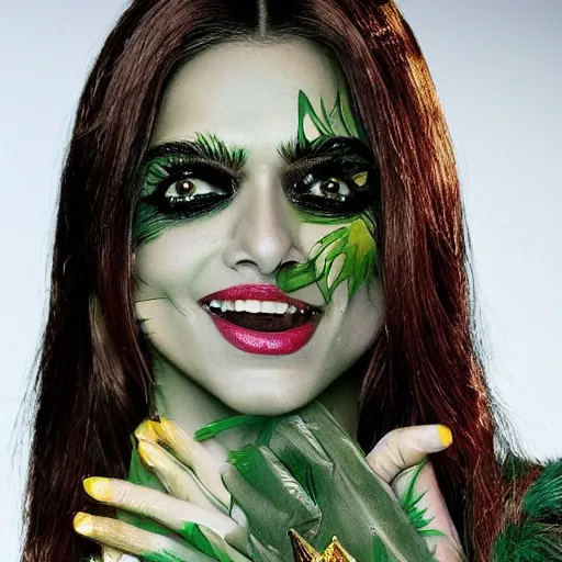 Image similar to A beautiful portrait of Deepika Padukone as Poison Ivy from Batman as a Versace fashion model Spring/Summer 2010, highly detailed, in the style of cinematic, Getty images, Milan fashion week backstage, Makeup by Pat McGrath, Hair by Guido Palau, Greg rutkowski