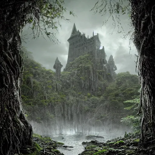 Image similar to full body pose, hyperrealistic photograph of the black castle of rotbog swamp, dim volumetric lighting, 8 k, octane beautifully detailed render, extremely hyper detailed, intricate, epic composition, cinematic lighting, masterpiece, trending on artstation, very detailed, stunning, hdr, sharp focus, high resolution, award, winning photo, dslr, 5 0 mm