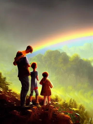 Image similar to dad. mom. kids. a happy familly looking at a distant rainbow. green valley horizon. intricate, elegant, highly detailed, digital painting, artstation, concept art, sharp focus, illustration, by justin gerard and artgerm, 8 k