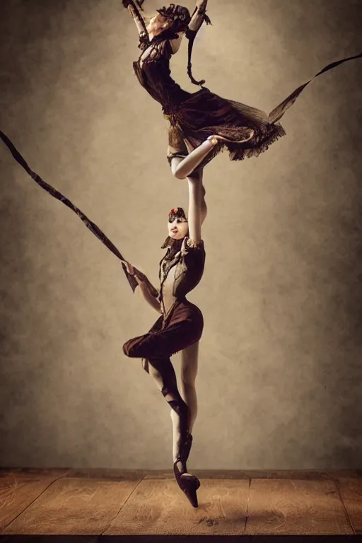 Image similar to a fantoccini held by string, alone stage, steampunk, sad vibe, steampunk, ballet, 8 k, detailed, ambient lighting, vintage, dark fantasy, wlop