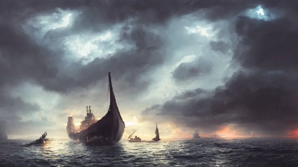 Image similar to small boat in foreground, giant big kraken in the background, lightning in background, intricate, detailed, volumetric lighting, sharp focus, scenery, photorealism, digital painting, highly detailed, concept art, ruan jia, steve mccurry