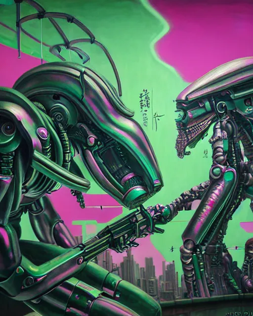 Image similar to hyperrealistic hyperdetailed graffiti! mecha iridescent pink fighting!! aliens concept art santiago caruso de chirico sharp very dramatic green light 8k low angle shallow depth of field