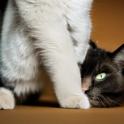 Image similar to photograph of a cat biting someone’s foot, portrait, close up, shallow depth of field, 40mm lens