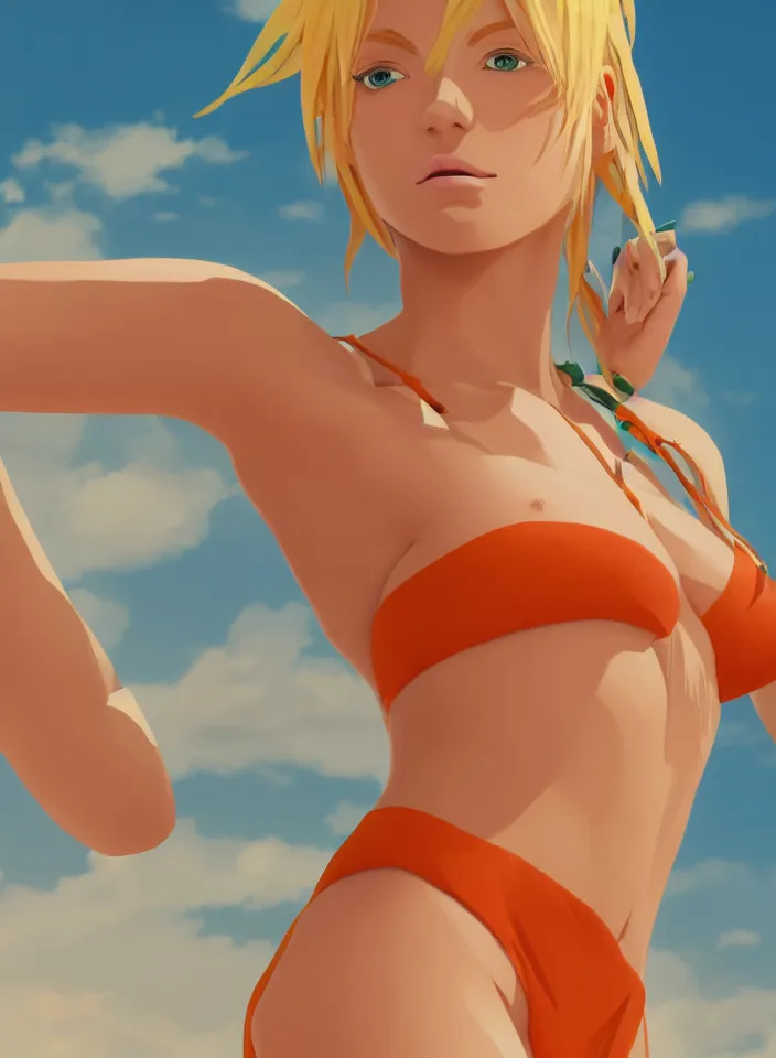 Image similar to beautiful blond woman in orange tribal bikini, blond hair pulled back off the face, green eyes, by makoto shinkai, 8 k, high resolution render, cinematic, unreal engine, clean lineart and flat color,