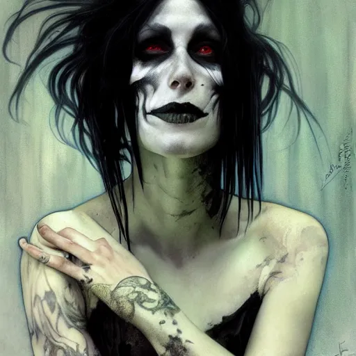 Prompt: portrait of wyona rider as death from sandman, gentle smile, by cedric peyravernay, alphonse mucha, by jeremy mann, by lecouffe deharme, goth chic, soft lightning, eyeliner, punk rock, high detailed, 8 k