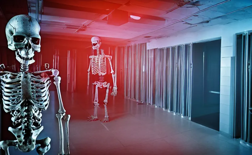 Image similar to terminator skeleton, staying in front of server room. extreme long shot, high detail, low saturated red and blue light, cinematic colors