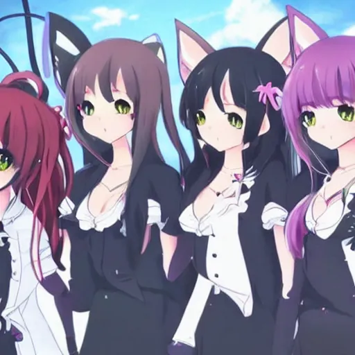 group of catgirls playing, anime still. rise of the, Stable Diffusion