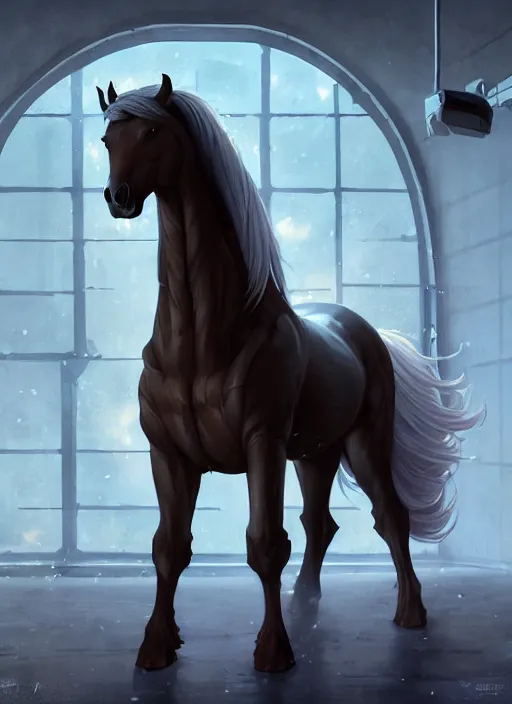 Image similar to splash art of an enormously muscular male anthro horse in a research facility wearing a skintight body armor, long white mane, 8 k, unreal engine, by greg rutkowski, loish, rhads, ferdinand knab, makoto shinkai and lois van baarle, ilya kuvshinov, rossdraws, tom bagshaw