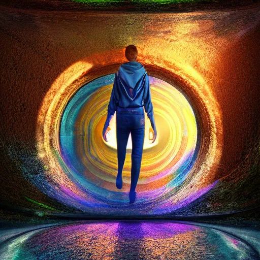 Prompt: Photorealistic walking through a portal to another dimension. Hyperdetailed photorealism, 108 megapixels, amazing depth, glowing rich colors, powerful imagery, psychedelic Overtones, 3D finalrender, 3d shading, cinematic lighting, artstation concept art