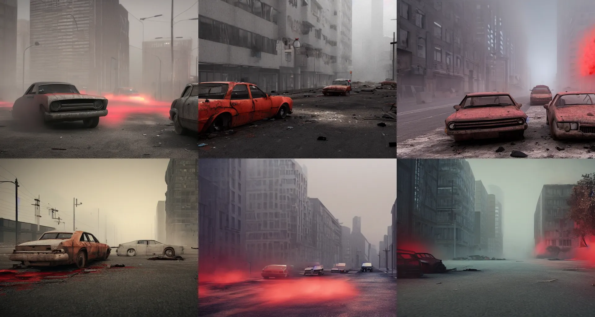 Prompt: Apocalyptic city, abandoned vehicles in the streets, red fog, infected buildings, Octane Render