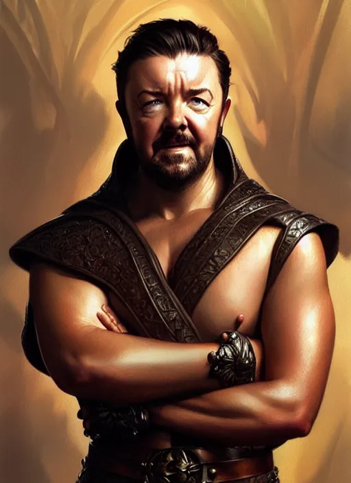 Prompt: portrait of ricky gervais, d & d, muscular! fantasy, intricate, leather robes, elegant, highly detailed, digital painting, artstation, concept art, smooth, sharp focus, illustration, art by artgerm and greg rutkowski and alphonse mucha