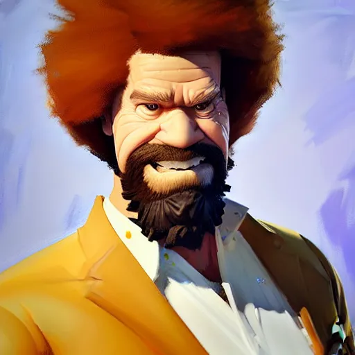 Image similar to Greg Manchess portrait painting of Bob Ross as Overwatch character, epic, medium shot, asymmetrical, profile picture, Organic Painting, sunny day, Matte Painting, bold shapes, hard edges, street art, trending on artstation, by Huang Guangjian and Gil Elvgren and Sachin Teng