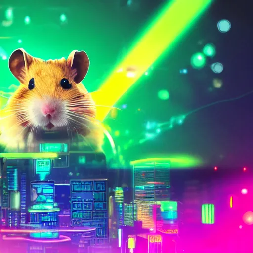 Image similar to hamster in a rainbow cyberpunk city with bright neon lights, 8 k, hd, light reflection