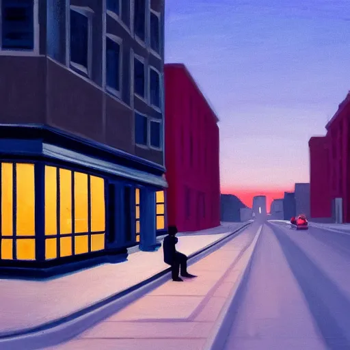 Prompt: a lonely street at night with a sad man in a jacket sitting on the street, in the style of Edward Hopper, 4K,