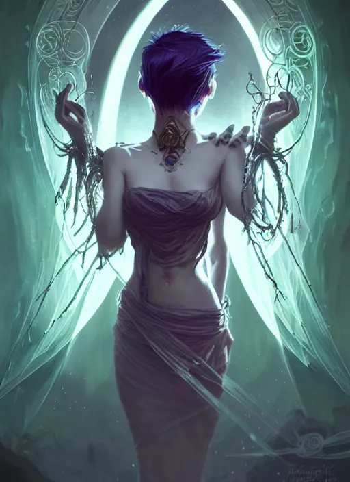 Image similar to a beautiful cinematic female Necromancer Sorceress, galatic shamen with Quantum energy fantasy, fantasy magic, short fade hair, undercut hairstyle, dark light night, intricate, elegant, sharp focus, illustration, highly detailed, digital painting, concept art, matte, art by WLOP and Artgerm and Greg Rutkowski and Alphonse Mucha, masterpiece