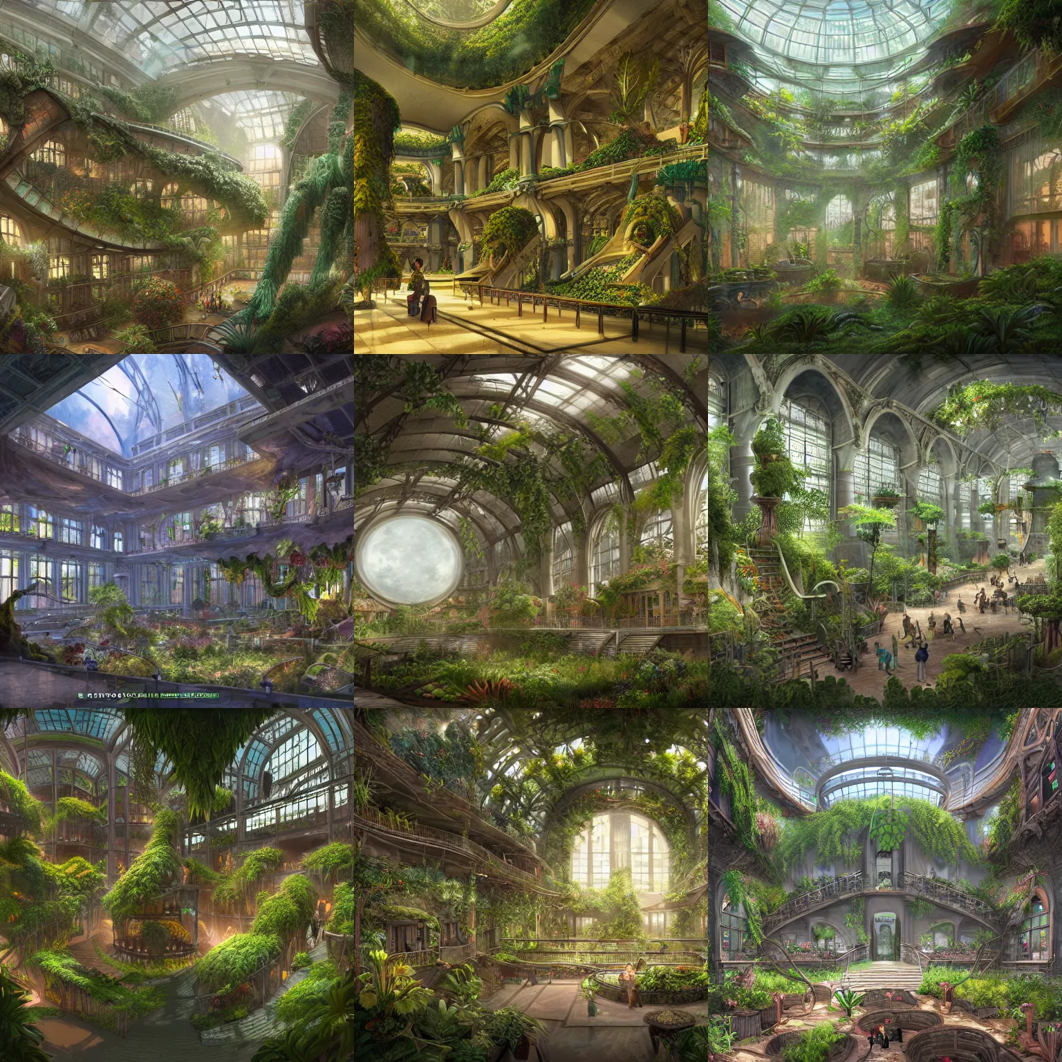 Prompt: Matte painting of the interior view of giant botanical museum. Lunarpunk. Fantastical, detailed digital art trending in artstation