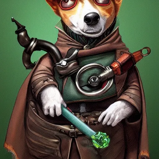 Image similar to Anthropomorphic Corgie with Pipe in his mouthe a green scarf around his neck a monocle up to his eye and a backpack full of wares, D&D Art, Fantasy, by Vince Ruz