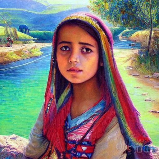 Prompt: beautiful painting by sophie anderson of a beautiful young kurdish girl by a river in a kurdish village, award winning art, insanely detailed, bright colors, global illumination, cute, young, stunning