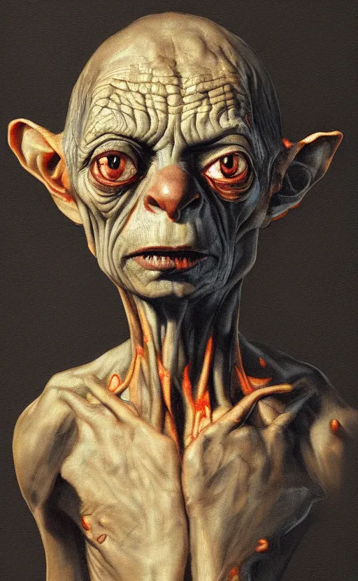 Prompt: a beautiful painting of gollum, by rembrandt and hendrick terbrugghen, rembrandt lighting, beautiful composition and structure, high contrast, high saturation, vivid ember colors, cross hatching featured on artstation, shading study, lighting study, studio lighting