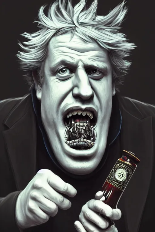 Image similar to Boris Johnson as a drunk genius Rick Sanchez, 2d portrait, symmetrical, highly detailed, digital painting, artstation, concept art, smooth, sharp focus, illustration, cinematic lighting, art by artgerm and greg rutkowski and alphonse mucha