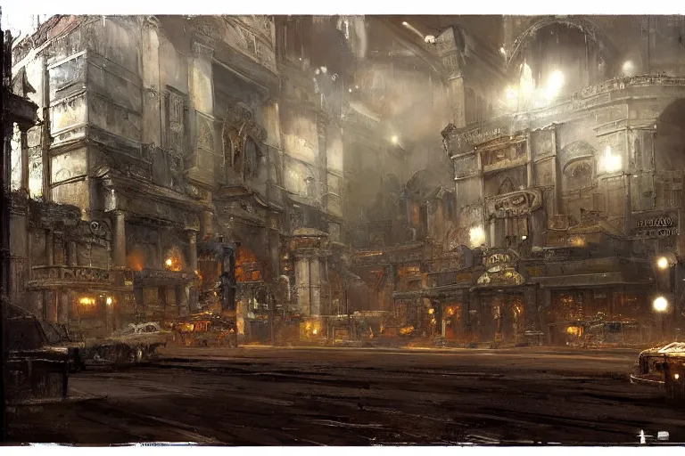Image similar to A run down casino, moody scene, highly detailed, intricate, sharp details, dystopian mood, 1950 scene by gaston bussiere, craig mullins, somber lighting, drawn by Giacomo Burattini, inspired by graphic novel cover art