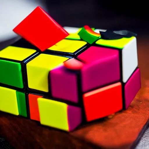 Image similar to rubix cube food, michelin star, high end food photography, bright colors, dynamic lighting